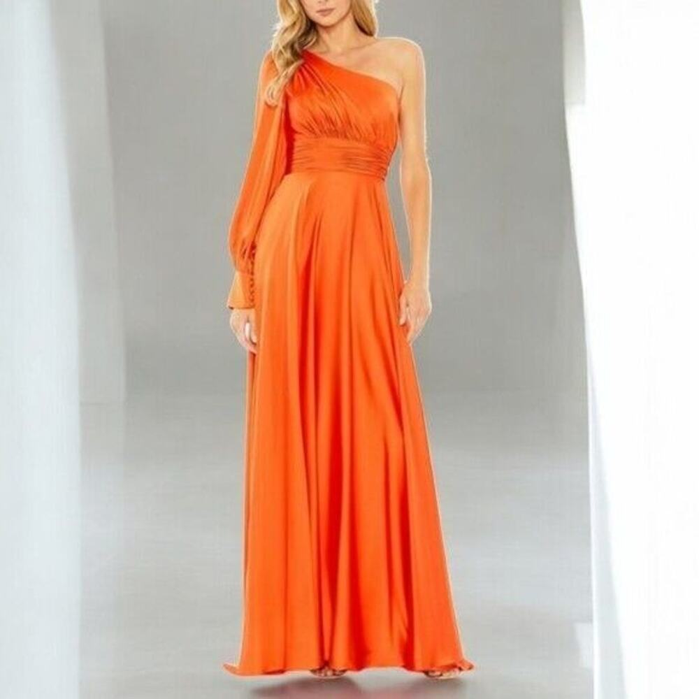 NEW Mac Duggal Ieena One Shoulder Bishop Sleeve Gown Spice Orange Pockets Sz 12